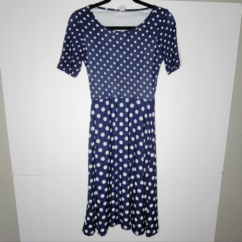 Retro Navy Polka Dot Fit & Flare Dress XS Vintage Inspired Midi